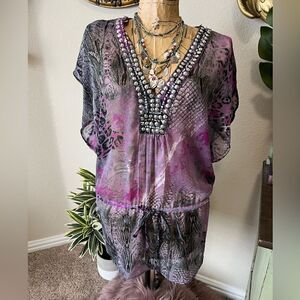 Club Z Collections NWT Purple Black Leopard Snake Print Sequin Sheer Tunic Sz M